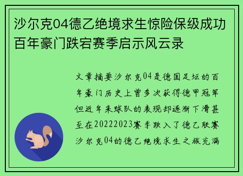 沙尔克04德乙绝境求生惊险保级成功百年豪门跌宕赛季启示风云录